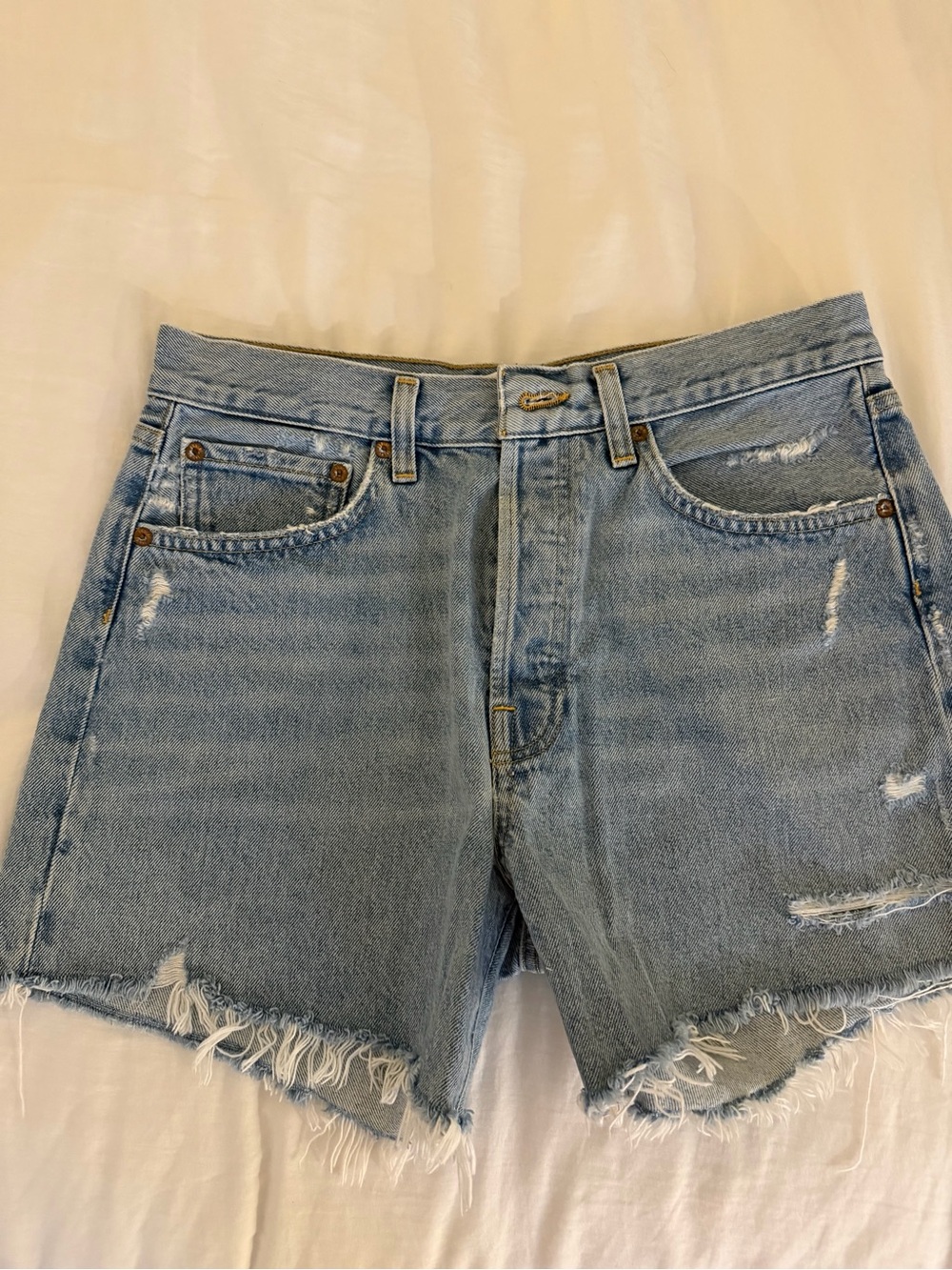 Agolde Light Blue Parker Long Frayed Denim Shorts - Picture 2 of 2